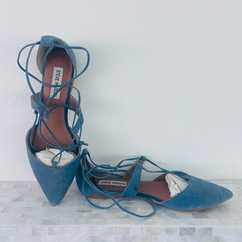 Steve Madden Blue Suede Lace-Up Pointed Flats “Britzi”
